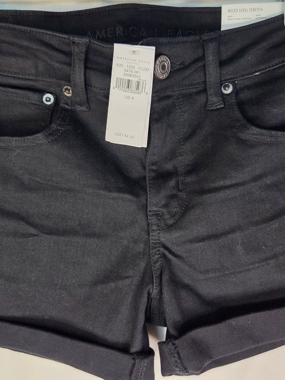 NWT American Eagle Women's Midi Ne(x)t Level Stretch Black Denim Short Sz 4